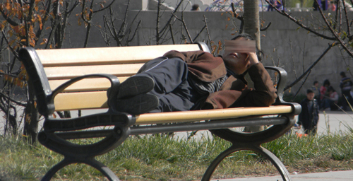 丹江公園長(zhǎng)椅成床睡  散步居民拿著板凳找地坐